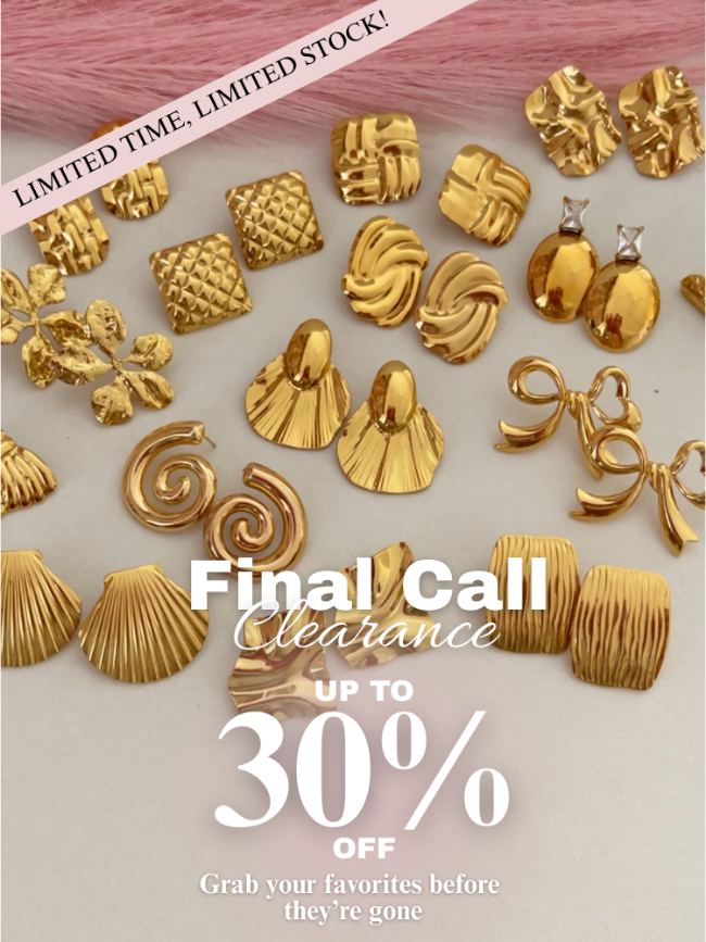 Gold jewelry pieces with a 'Final Call Clearance' promotion on a light background