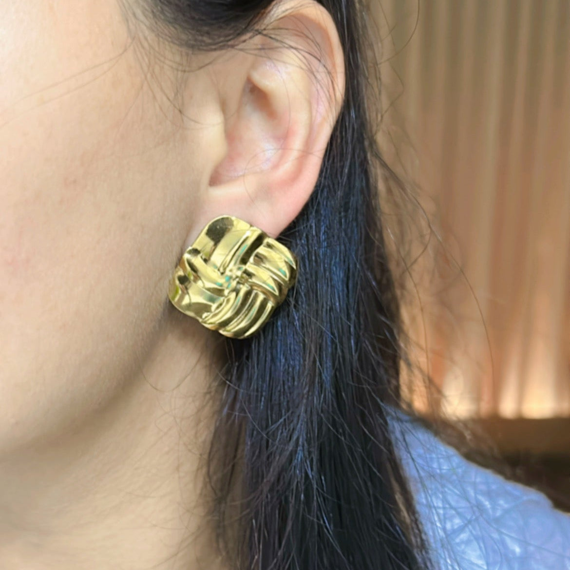 Chunky Square Gold Stud Earrings  wearing 