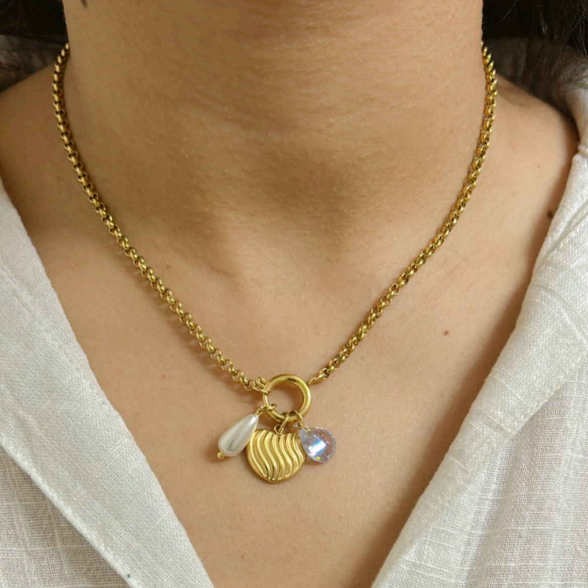 Pearl Heart Charms Necklace