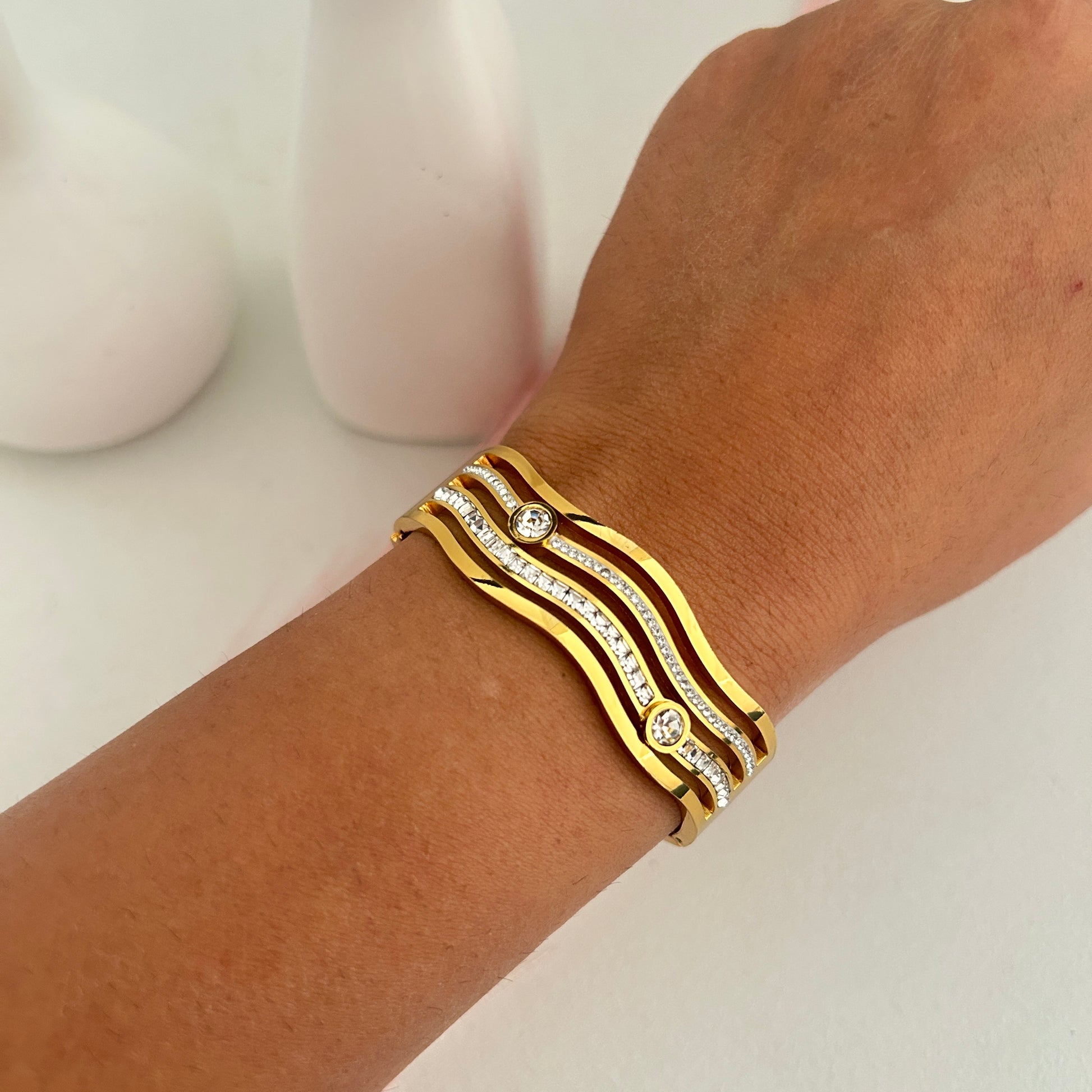 Wave Crystal Gold Bangle Bracelet