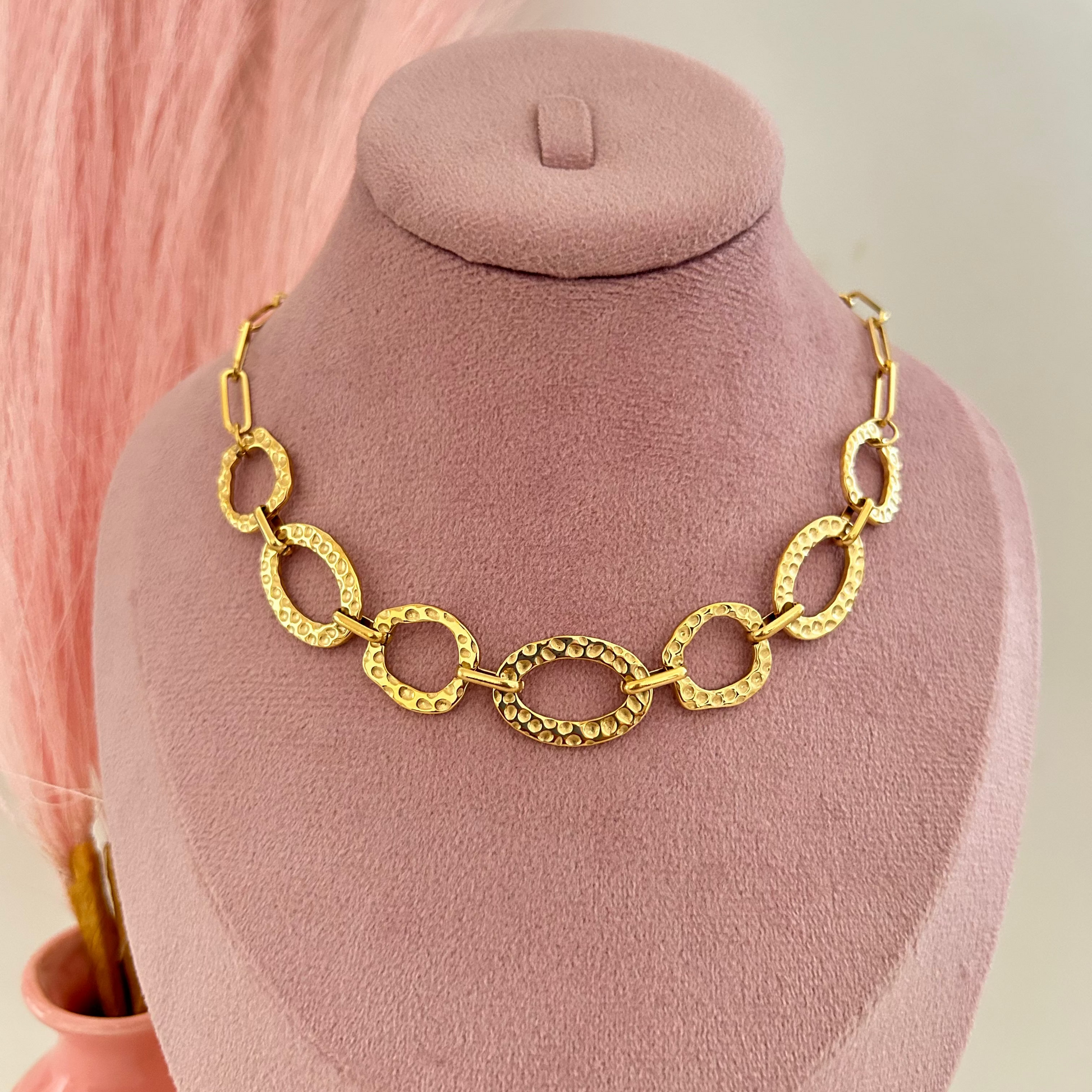 Hammered circle link gold statement necklace.