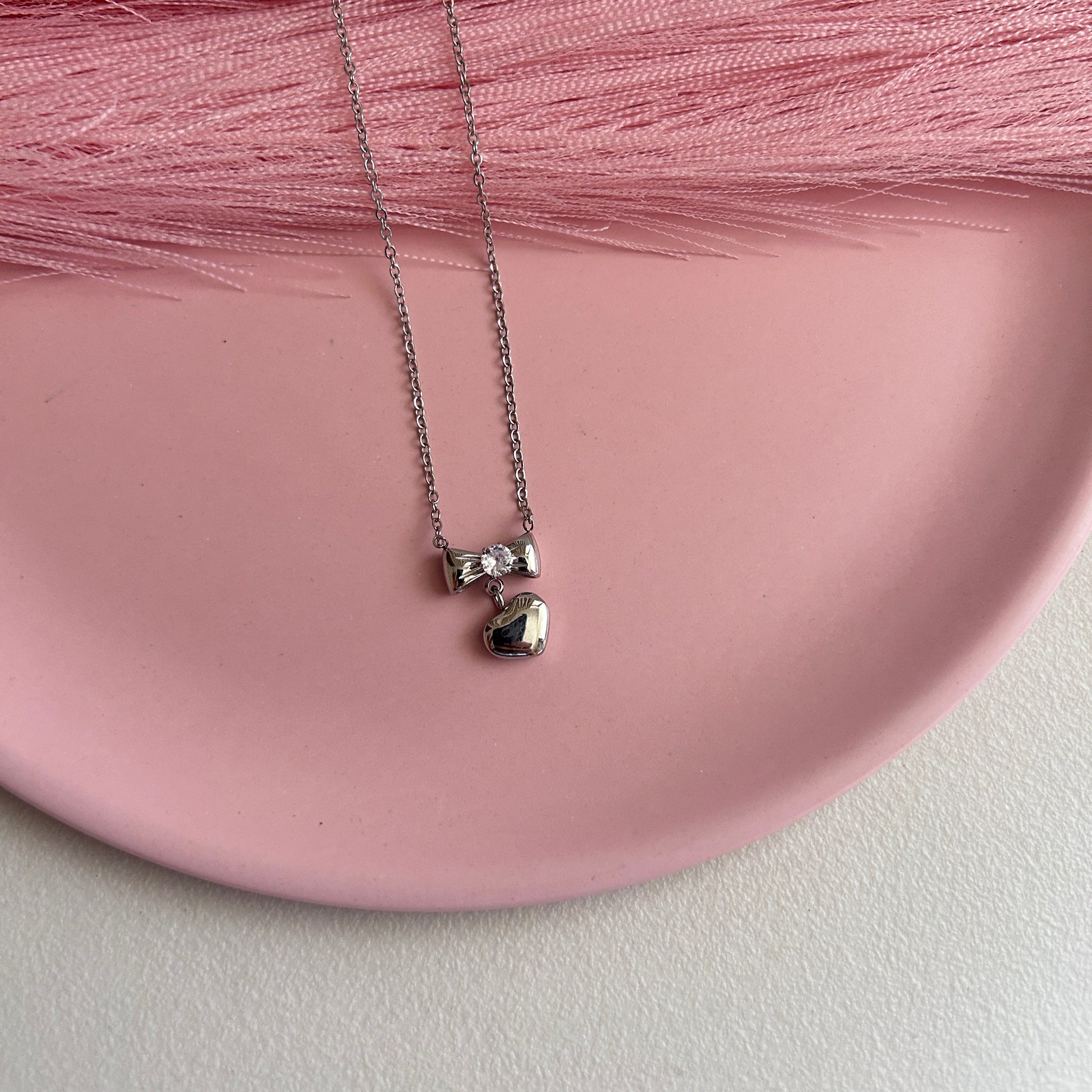 Silver Bow and Heart necklace