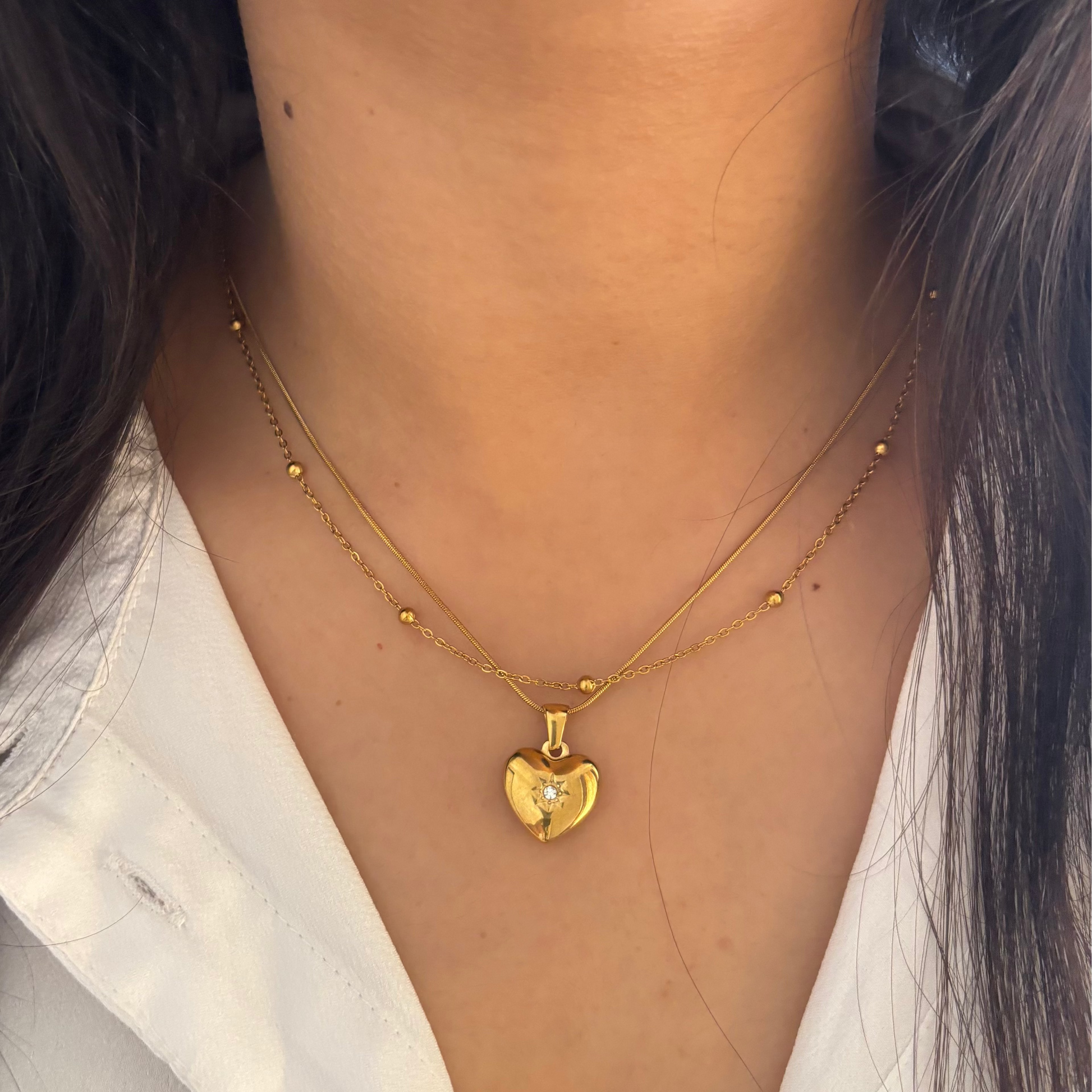 Classic Gold Heart Charm Layered Necklace