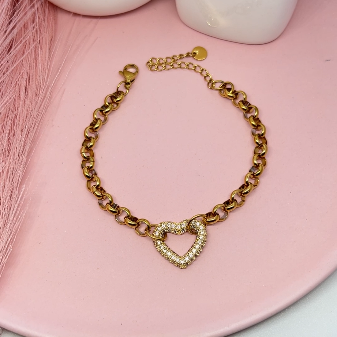 Studded Heart Link Chain Bracelet