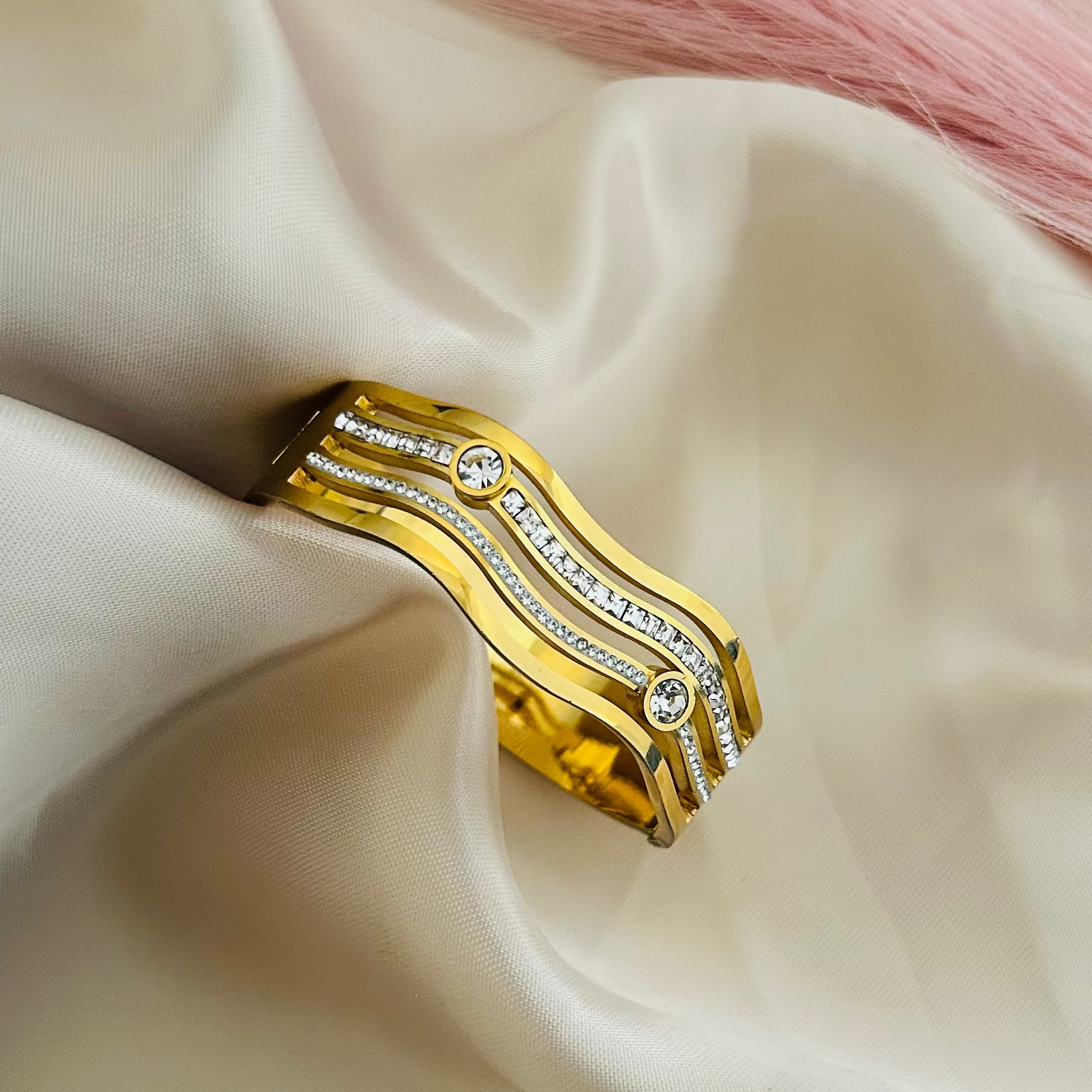 Wave Crystal Gold Bangle Bracelet