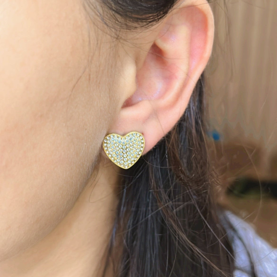 Studded Heart Hoops Diamonds Wearing Image  