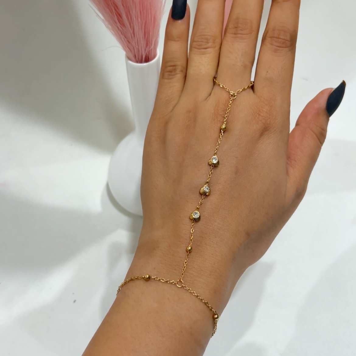 Triple Heart Stone Hand Chain Bracelet